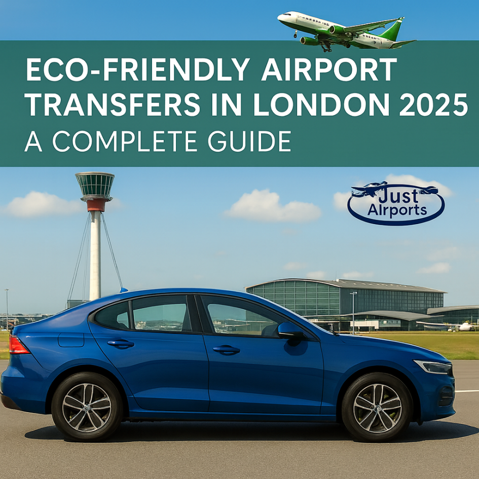 Blue taxi at Heathrow promoting eco-friendly airport transfers in London 2025