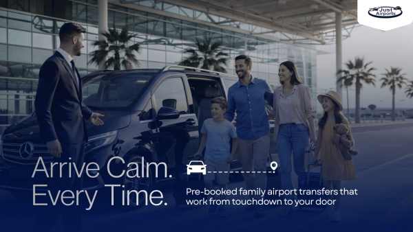 Pre-booked family airport transfers London with Just Airports chauffeur service outside terminal
