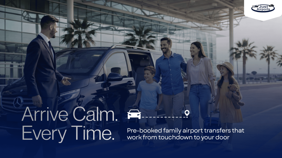 Pre-booked family airport transfers London with Just Airports chauffeur service outside terminal