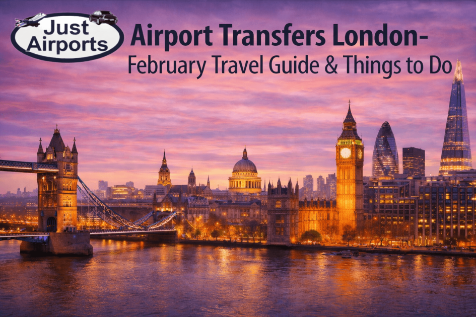 London skyline with Just Airports logo and February airport transfers travel guide title