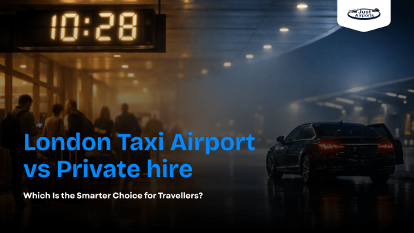 London taxi airport service vs private hire service showing black cab and chauffeur-driven car at airport with JustAirports branding