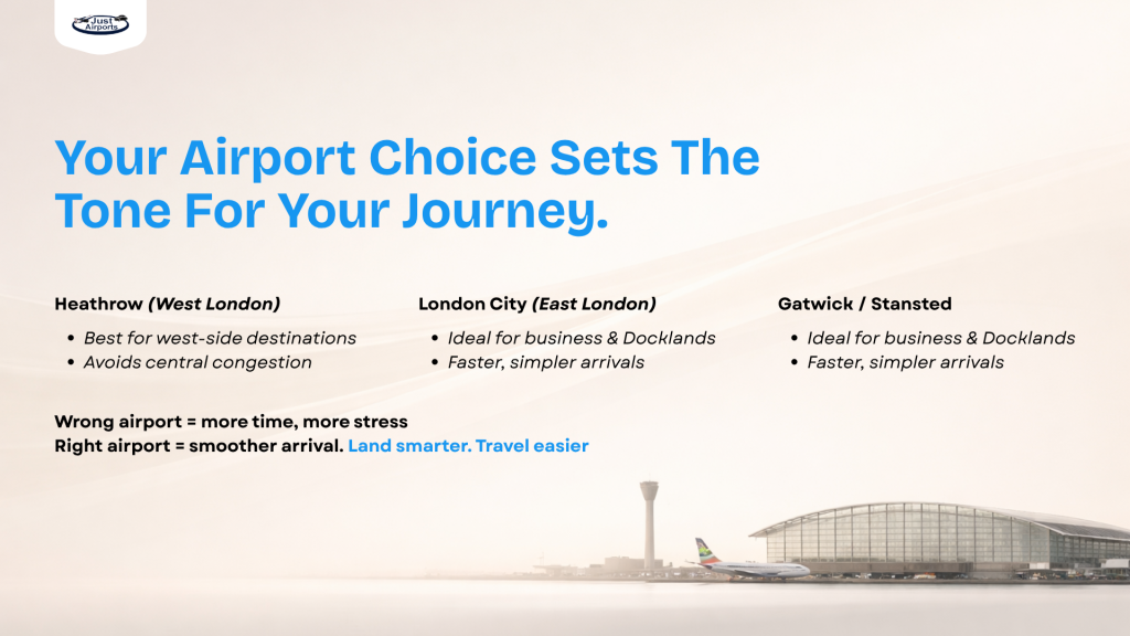 London airport comparison showing Heathrow, London City, Gatwick and Stansted with travel tips by JustAirports London airports taxi service