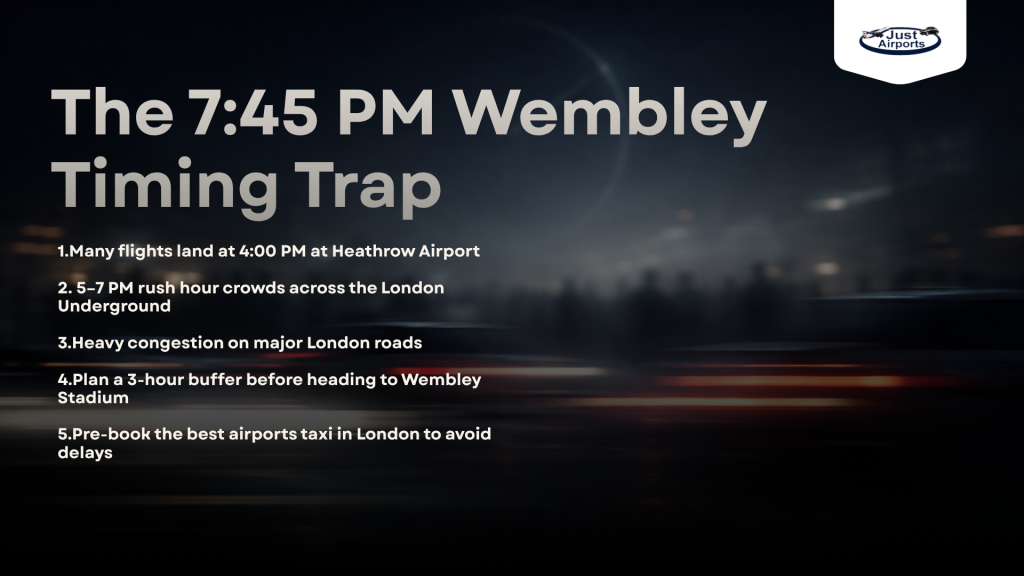 Wembley 7:45 PM match timing travel guide showing Heathrow arrivals, rush hour congestion and London airport taxi planning tips