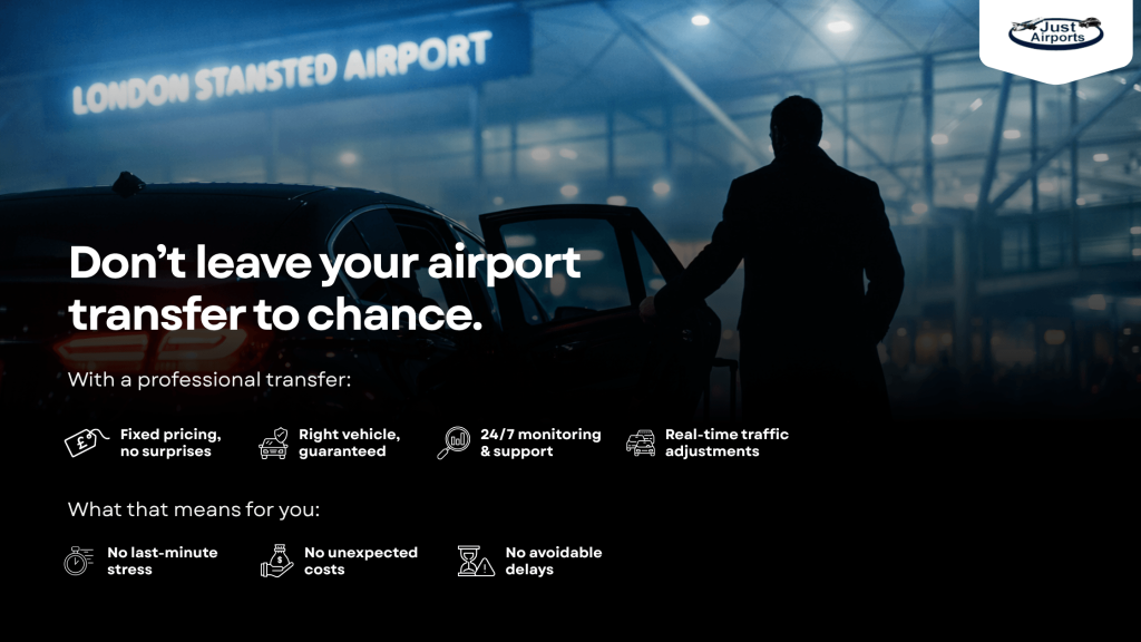 Don't leave your airport transfer to chance image tells the USP's of best london airport taxi JustAirports.