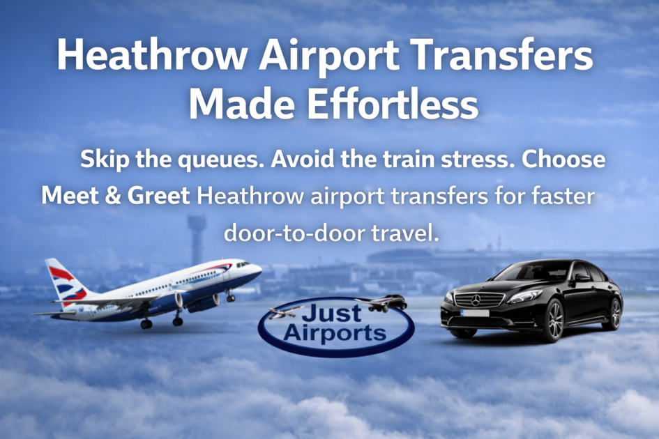 Meet and Greet Heathrow airport transfers with JustAirports showing a luxury airport taxi and aircraft for fast door-to-door airport transfer service in London.