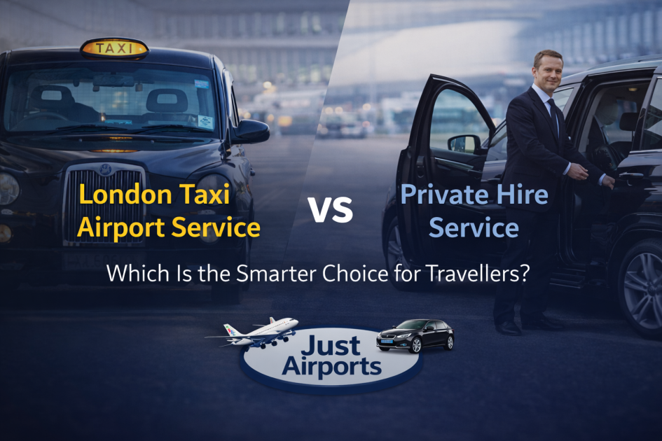 London taxi airport service vs private hire service showing black cab and chauffeur-driven car at airport with JustAirports branding