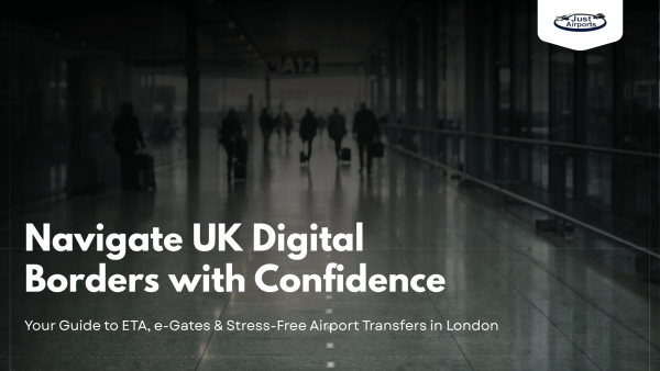 London airport arrivals hall with travellers walking through terminal for UK ETA and e-Gate airport transfer services