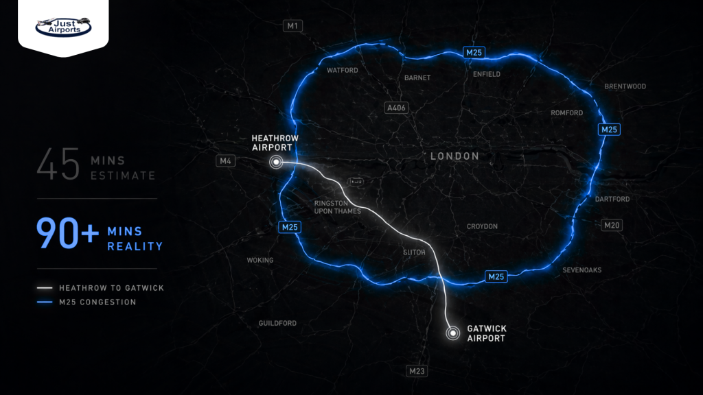 Heathrow to Gatwick transfer route map showing real LHR to STN travel time and best airport transfer service in London.