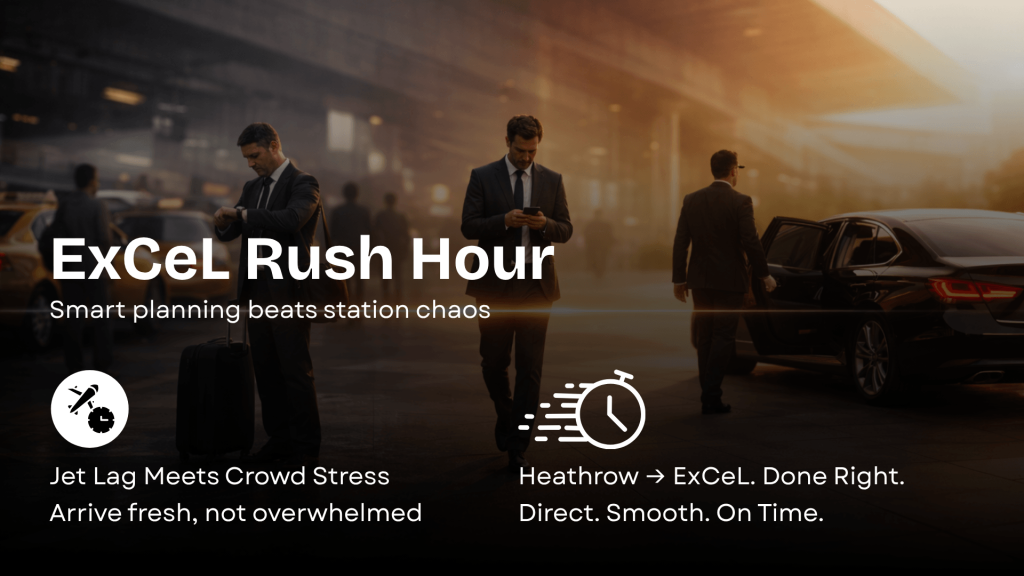 Professionals arriving during airport rush hour using executive airport transfers, showcasing London April Travel Events and a reliable Heathrow to ExCeL London transport service for smooth, on-time travel.