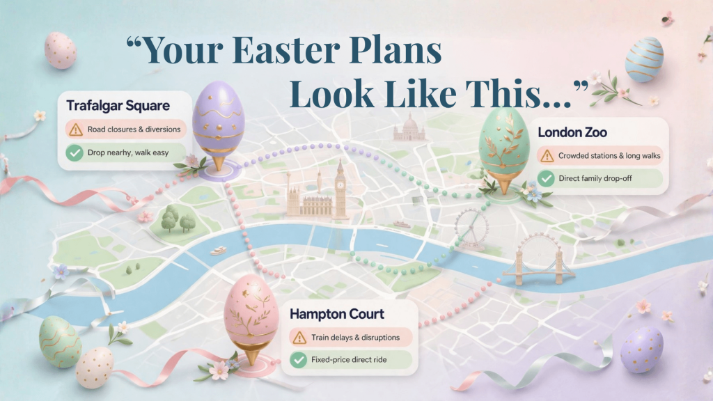 London Easter Travel Guide 2026 map showing Trafalgar Square, London Zoo and Hampton Court travel routes and disruptions