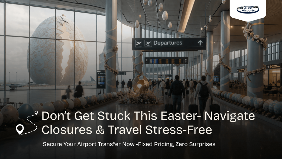 London Easter Travel Guide 2026 airport departures with Easter decorations and travellers navigating busy terminal